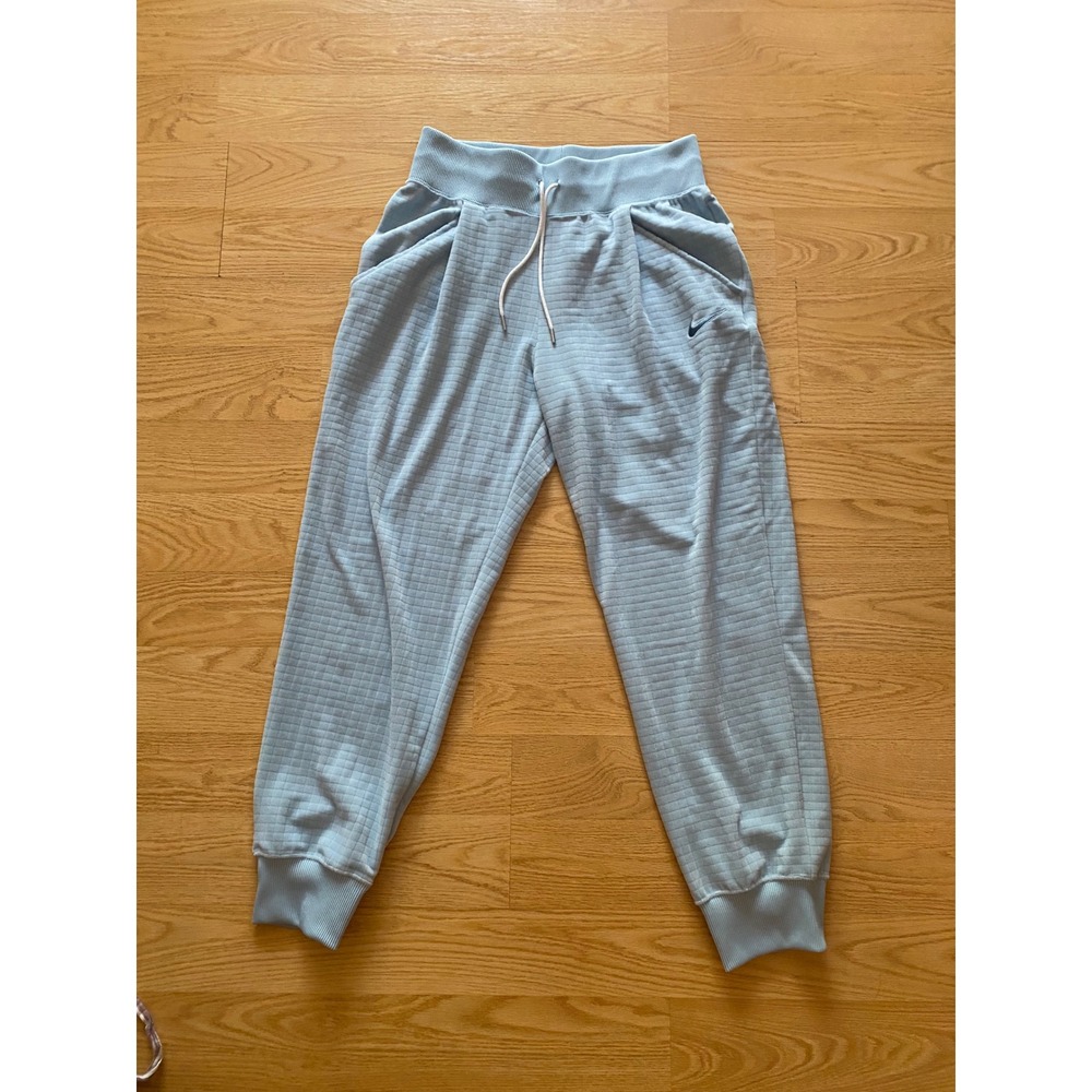 Nike Womens Light Blue Quilted Grid Joggers Ribbed Pants Embroidered Logo Size M